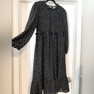 Black with white polka dots midi dress. Size A (14-16).